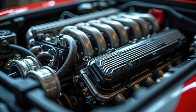 Close-up of powerful sports car engine with V-shaped cylinders and turbochargers. High performance auto motor with chrome parts and carbon fiber details, complex mechanical engineering.