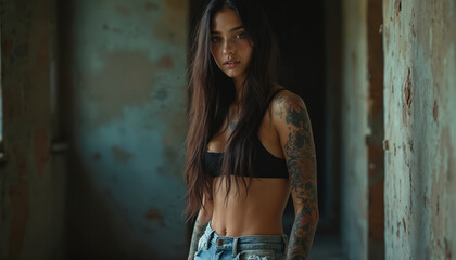 Fototapeta premium Young woman with long dark hair and tattoos poses indoors in jeans and black top. She has rebellious and wild look with cinematic feel. Background is blurred, creating depth and focus on model.