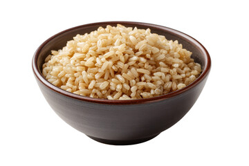 Brown rice grains filling a dark ceramic bowl against a black background cereal food, Png, Isolated on Transparent Background, Cut Out
