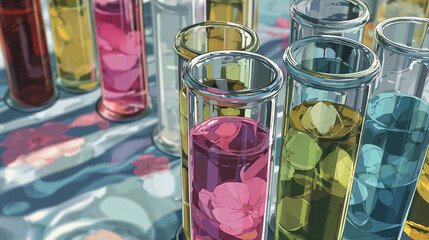 アニメ調で描かれた研究室の試験管クローズアップイラスト