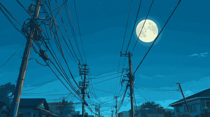 アニメ調で描かれた日本の住宅街の道路と満月の夜景