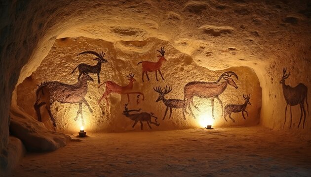 Cave paintings show deer, animals on rough stone wall illuminated by soft lights. Primitive art ancient life in natural rock shelter interior. Paleolithic drawings tell stories of early humans.