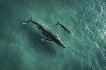 Fototapeta premium Aerial view of large whale and smaller whale swimming together in clear turquoise ocean water, showcasing marine life and peaceful ocean nature