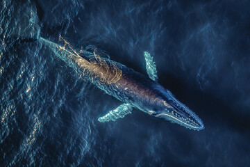 Obraz premium Humpback whale swimming in deep blue ocean water with sunlight reflecting on its body, captured from aerial drone view showing marine life beauty and ocean wildlife