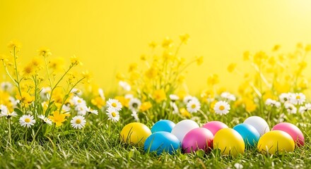 Vibrant easter eggs in a field of flowers for spring celebrations and holidays