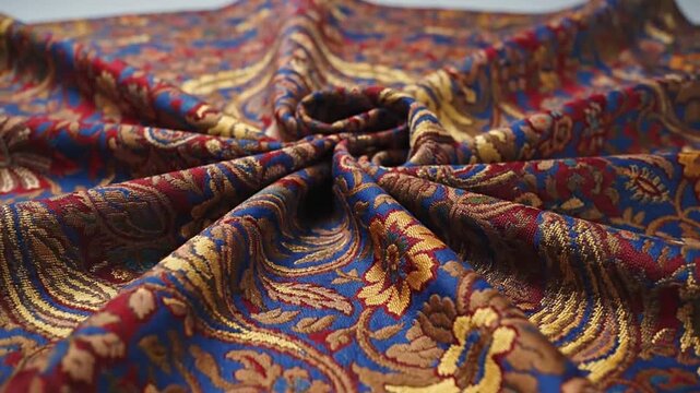 Ornate blue, red, and gold patterned fabric textile with intricate folds and textures