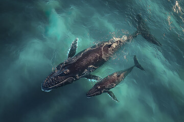 Fototapeta premium Humpback whale mother and calf swimming together in clear blue ocean water, captured from aerial drone view showing their textured skin and graceful movement