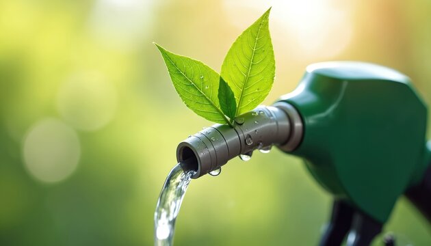 Green fuel pump nozzle dispenses clear liquid with fresh leaves on top. Water drops on nozzle suggest purity and eco friendly nature. Background shows soft green bokeh.
