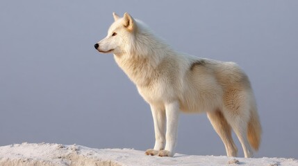 Obraz premium Majestic Arctic Wolf Standing Proudly on Snowy Landscape with Soft Light in Background, Symbolizing Wilderness and Natural Beauty of the North