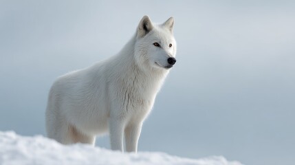 Obraz premium Majestic Arctic Wolf Standing Proudly on Snowy Landscape under Soft Winter Light with Stunning Detail and Graceful Features Captured in Nature's Splendor