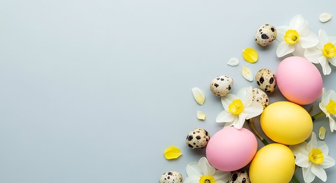 Easter eggs with flowers and butterflies on gray background