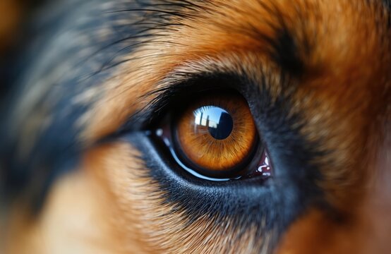 Extreme close-up of a German Shepherd dog amber eye. The detailed iris shows reflections of buildings and sky. Fur texture around the eye is sharp and defined.