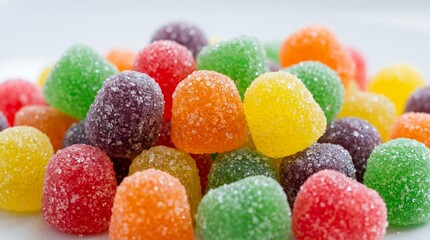 A vibrant pile of colorful sugar-coated candies viewed close-up on a white surface