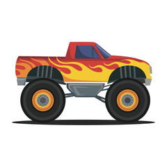 Cartoon monster truck with flames on side yellow vector illustration isolated on white background © Fahimaakter