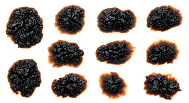 Collection of twelve distinct irregular black carbon scorch marks with distinct reddish-brown halos isolated vividly upon a stark white background representing intense heat damage.