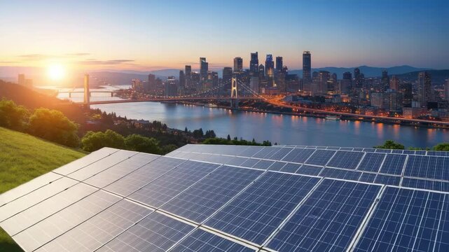Solar Panels On Hill Capturing Sunlight With City Skyline In The Background Across The Water At Sunset Sustainable Energy For Urban Areas For Environmental Technological Themes
