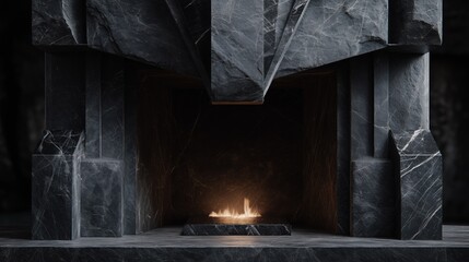 Modern Dark Marble Stone Fireplace.