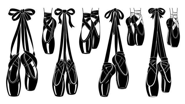 Suspended ballet pointe shoes with ribbons in a row, black and graceful.