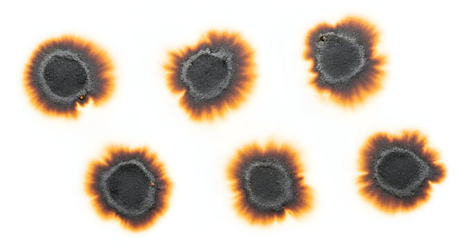 Six distinct scorch marks showing circular patterns of black carbon residue and radiating orange-brown heat damage against a pure white background illustrating destructive texture.