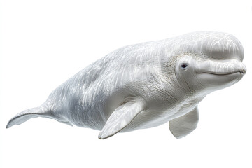 Fototapeta premium Beluga whale isolated on white background with smooth white skin and small eyes, showing aquatic mammal in natural pose with light reflections on body surface