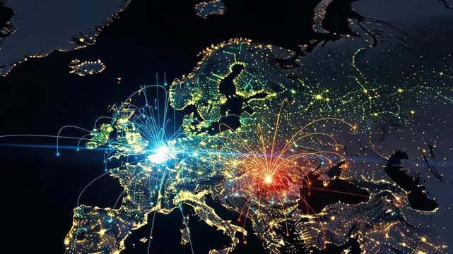 Glowing Lines Connecting Cities Across The Dark Continent Of Europe During The Night Showing Data Flow Data Transfer Global Connections Can Be Used For Networking Internet Tech Conce