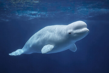 Fototapeta premium Beluga whale swimming underwater in deep blue ocean with light reflections on its smooth white body, showing peaceful marine life in natural aquatic environment