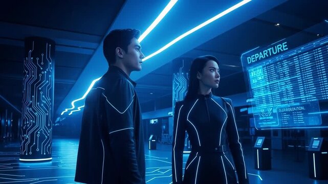 Futuristic Couple In Black Glowing Attire Observe Digital Departure Board At Modern Terminal In Bright Blue Setting The Scene Could Be For Travel Tech Sci-fi Themes