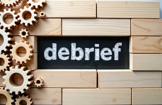 Word debrief written on black slate set in wooden blocks with gears. Conceptual image for project review post meeting analysis or business process discussion.