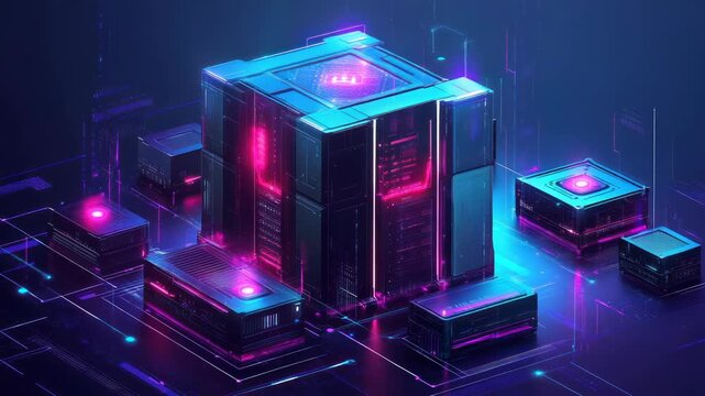 Isometric, futuristic digital landscape with glowing purple and blue tech structures and intricate circuitry