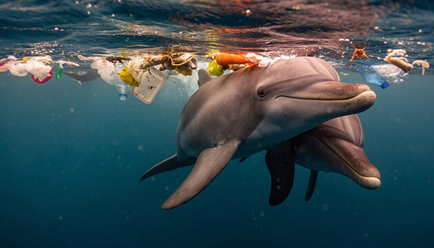 Graceful dolphins swim beneath an ocean surface choked with plastic waste, a stark and somber visual highlighting the severe global issue of marine pollution