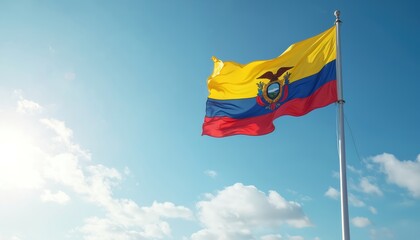Ecuadorian flag with coat of arms flies on pole against clear blue sky. National symbol of country waves gently in wind. Patriotic emblem represents freedom and independence.