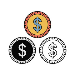 Obraz premium Three dollar sign coins in black white and color currency money finance vector illustration isolated on white background.