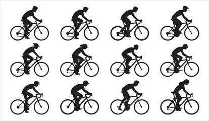 Fototapeta premium Cyclist riding bicycle silhouette set, collection of male athletes on bikes