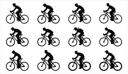 Fototapeta premium Cyclist silhouette set showing athletes riding racing bicycles in various positions profile