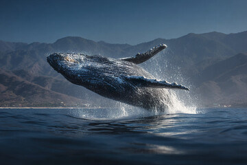 Fototapeta premium Breaching humpback whale captured mid air with water splashing around in open sea environment near mountainous coastline under clear sky, showing dynamic marine wildlife action