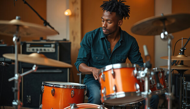 Young Black man with dreadlocks plays orange drum kit in music studio. Focused musician practices percussion, creating rhythm and sound for band practice or recording session.