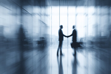 Fototapeta premium Business handshake between two blurred businessmen in modern office with large windows, symbolizing partnership and professional agreement in dynamic corporate environment
