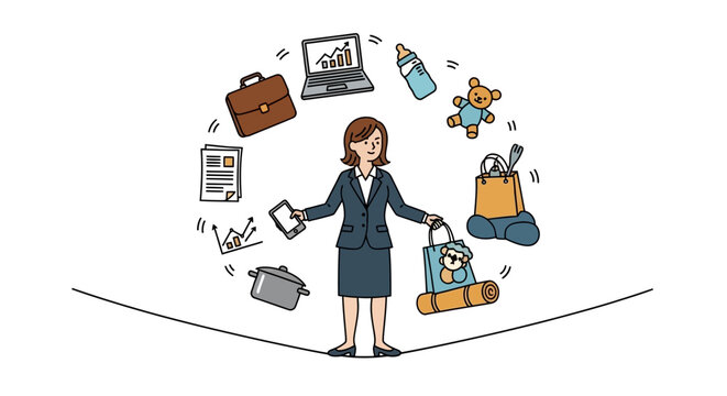 A professional woman juggling various office and personal items on a tightrope, surrounded by icons representing work and lifestyle, in a simple illustration style.