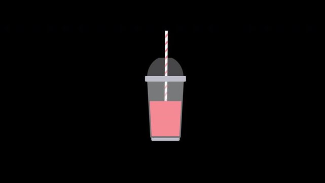 Plastic cup with lid and straw, full of milkshake. illustration cartoon flat icon isolated on white animation with alpha channel