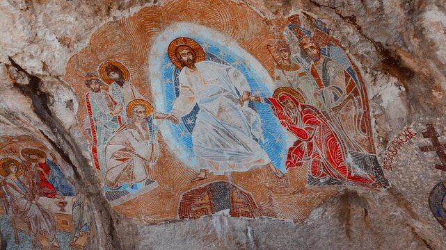 Fresco at Ostrog monastery in Montenegro in autumn
