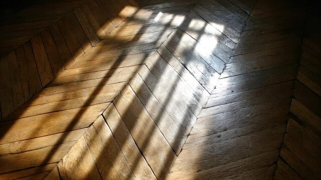 Angled shot of a wooden parquet floor, with sunlight casting shadows