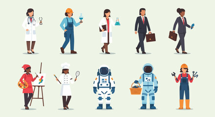 Fototapeta premium Diverse professionals and robots working together in a modern office environment from a high viewpoint