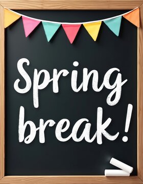 Chalkboard announcement text Spring break with colorful party flags above. Two chalk sticks are on bottom right corner for writing.