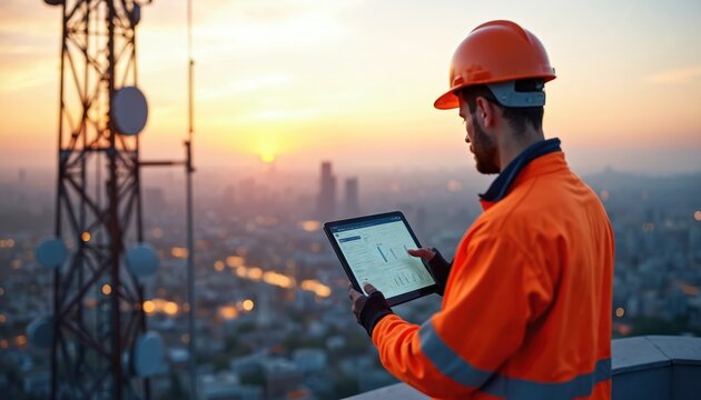 Male engineer in orange hard hat checks data on tablet near cellular tower. Man works with telecom equipment on city rooftop at sunset. Future tech network engineer inspects infrastructure.