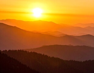 Obraz premium Golden sunset paints layered mountain silhouettes
