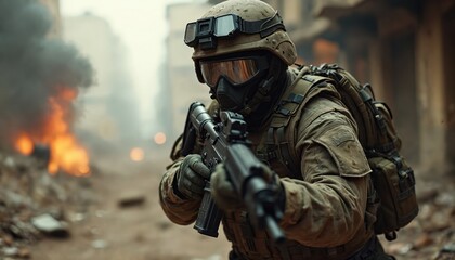 Fototapeta premium Soldier wearing tactical gear and gas mask holds rifle. Fire and smoke visible in background amidst urban ruins. Military operative advances cautiously through destroyed city.
