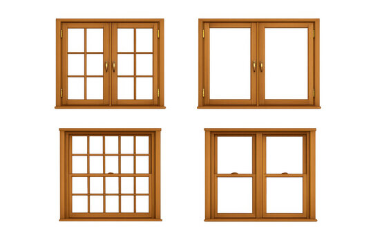 Wooden windows set showing different styles with natural brown frames and glass, on a transparent background