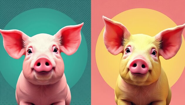 Two cute cartoon pigs side by side. One pink pig has green background. Yellow pig has orange background. Both have big ears and pink noses. Fun graphic for food ads.