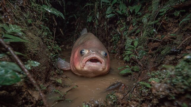 Surprised Tambaqui Fish in a Muddy Puddle Amidst Lush Amazon Rainforest Vegetation