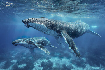 Naklejka premium Humpback whale mother and calf swimming underwater in clear blue ocean with sunlight filtering through water, showing peaceful marine life in natural habitat